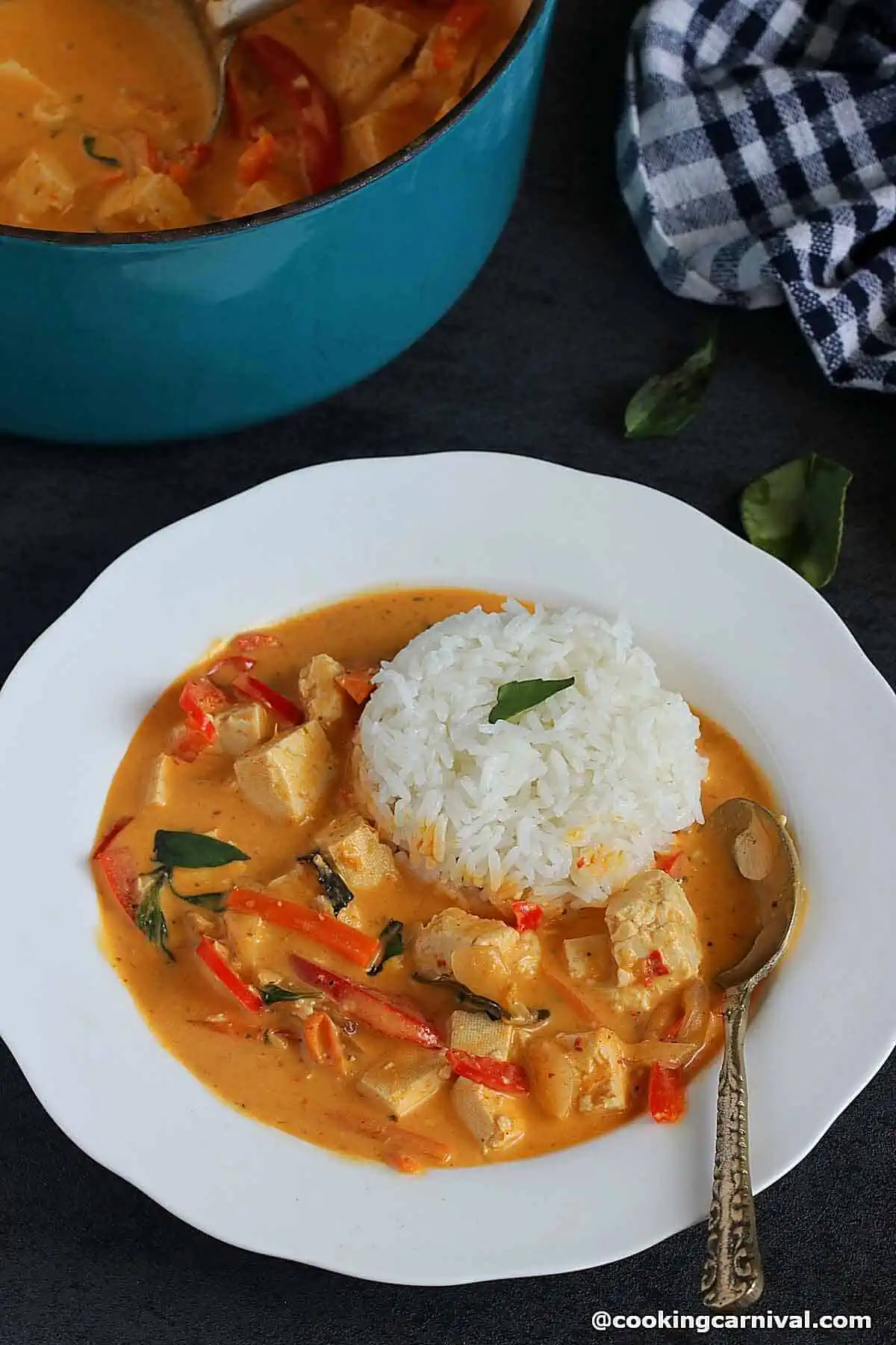 vegan panang curry made with tofu and vegetables served with Jasmine rice.