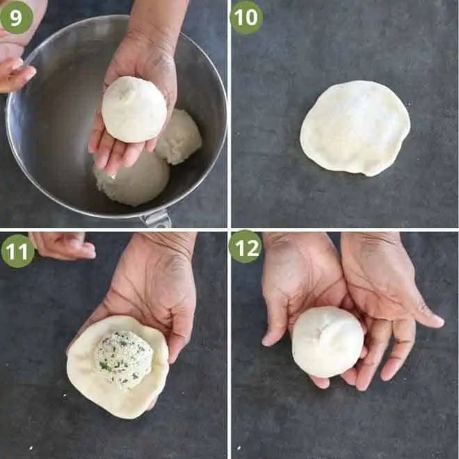 stuffing kulcha dough ball with paneer mixture