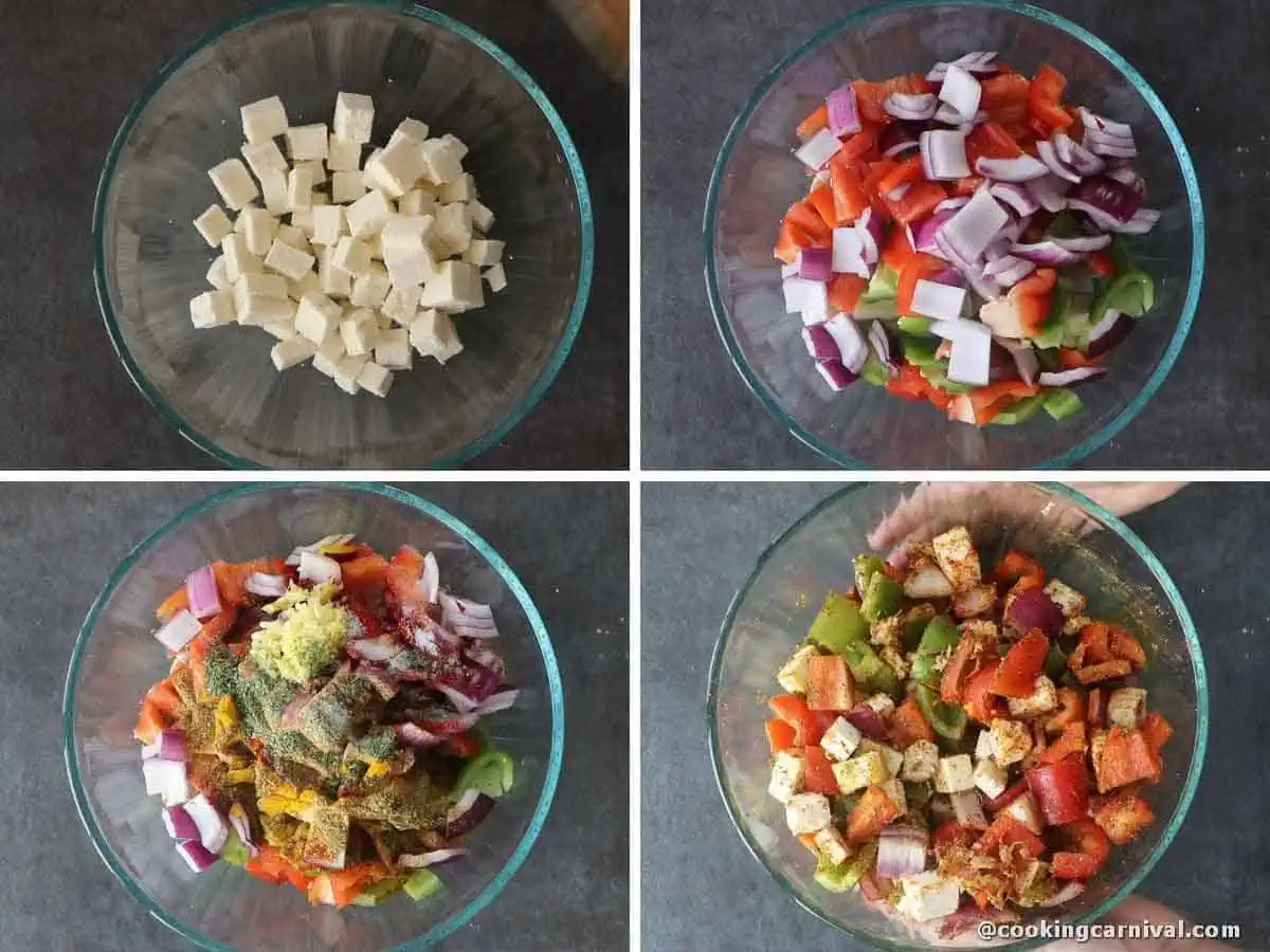 marinating the paneer, bell pepper and onion with Indian spices.