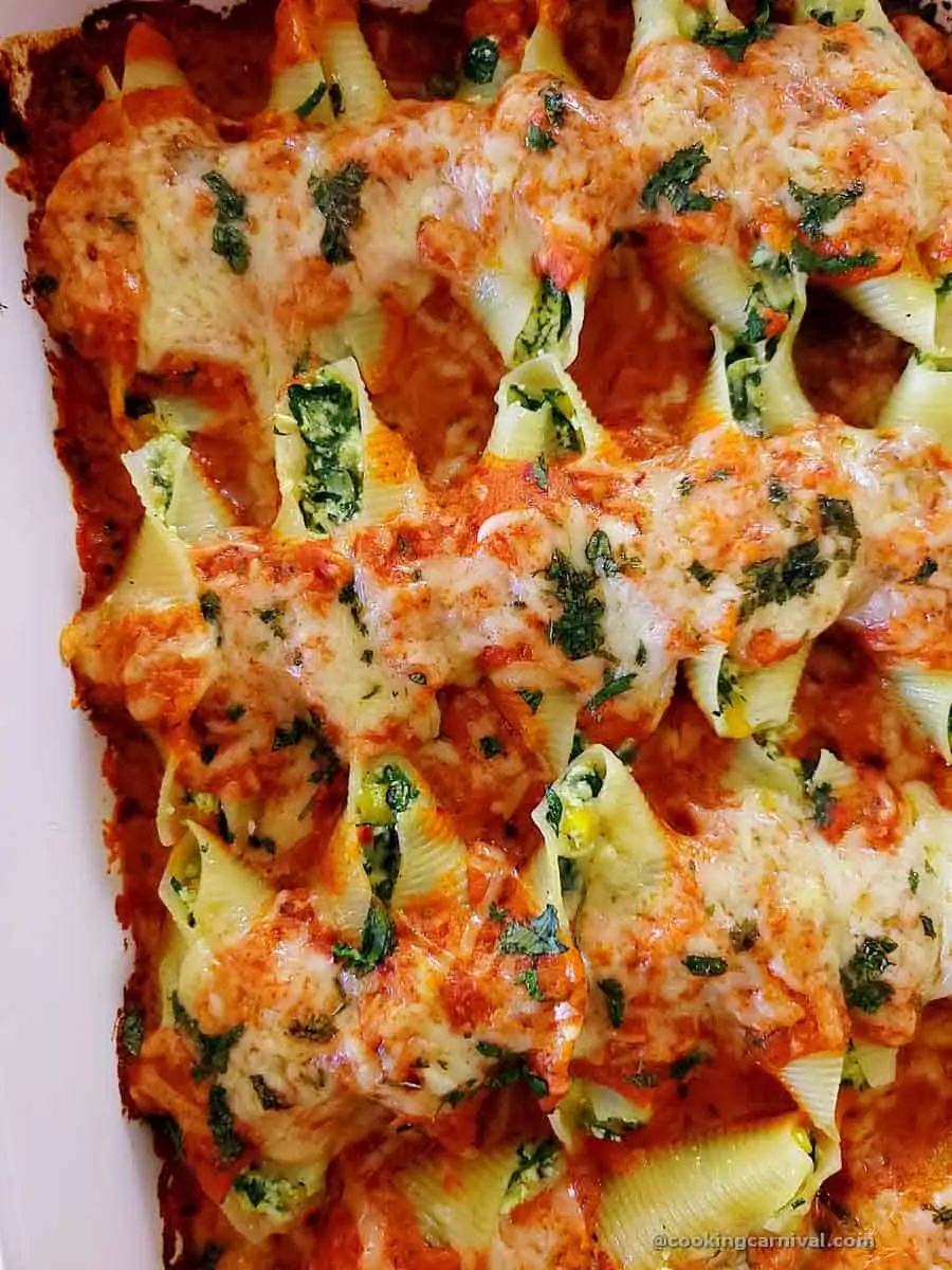 Close up shot of stuffed shells in pan