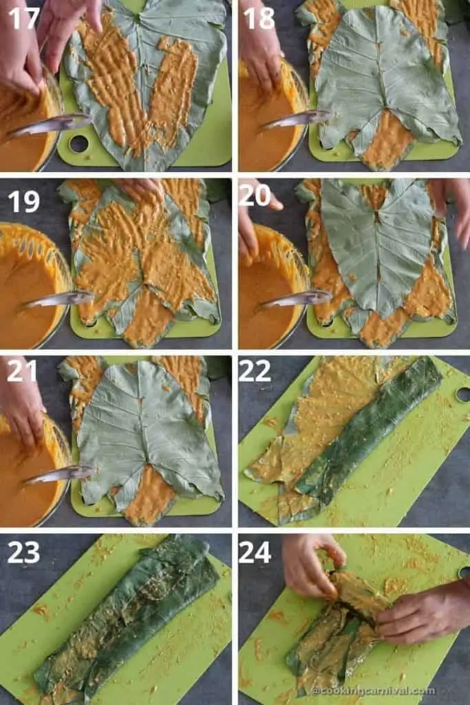 collage of applying besan paste on alu leaf