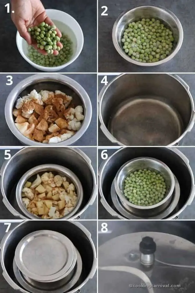 collage of cooking vegetables and green peas in pressure cooker