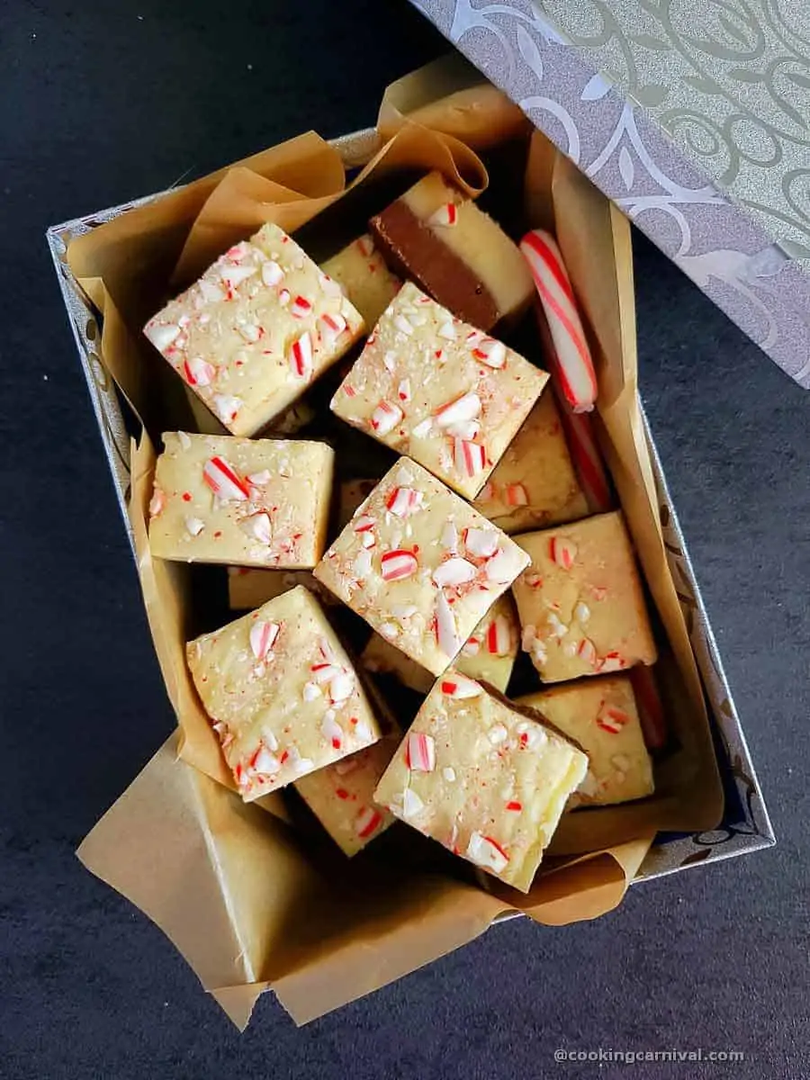 Peppermint bark fudge in gift box