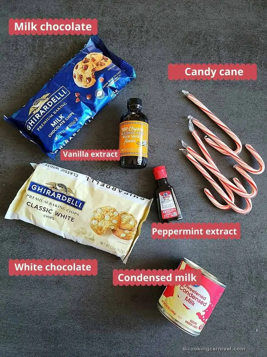 Pre-measured ingredients for Peppermint bark fudge