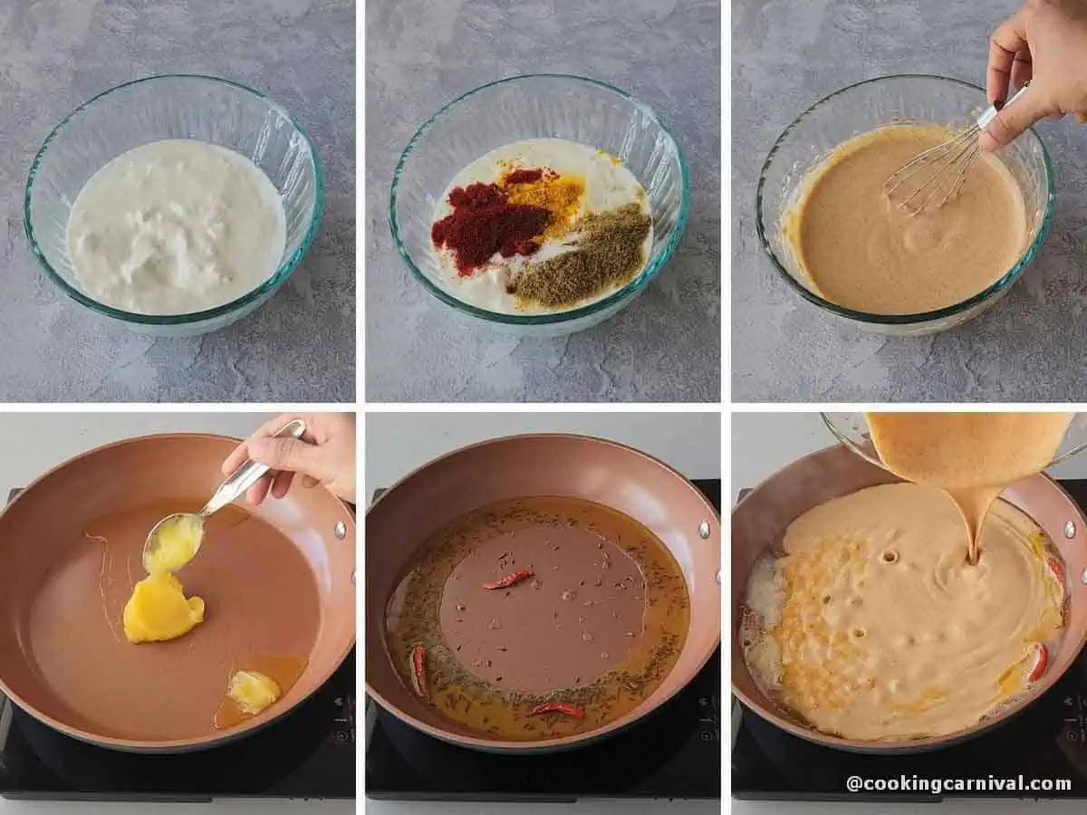 adding spices into curd and cooking it in ghee.