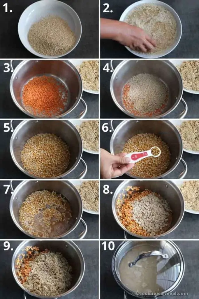 Collage of soaking quinoa, oats and lentil in a steel bowl