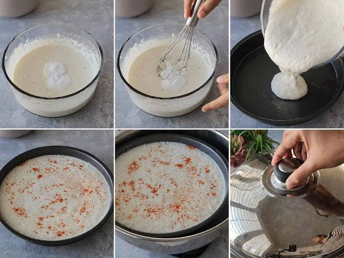 adding ENO in rava dhokla batter and steaming it in steamer.