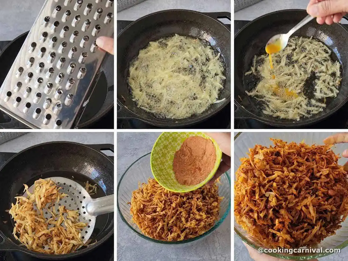 Grating raw bananas and frying in hot oil.