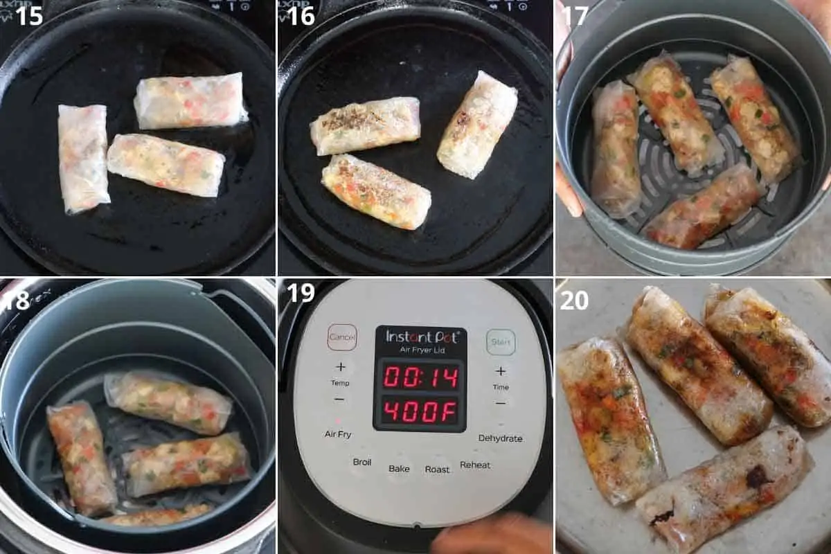 collage of pan frying and air frying the dumplings