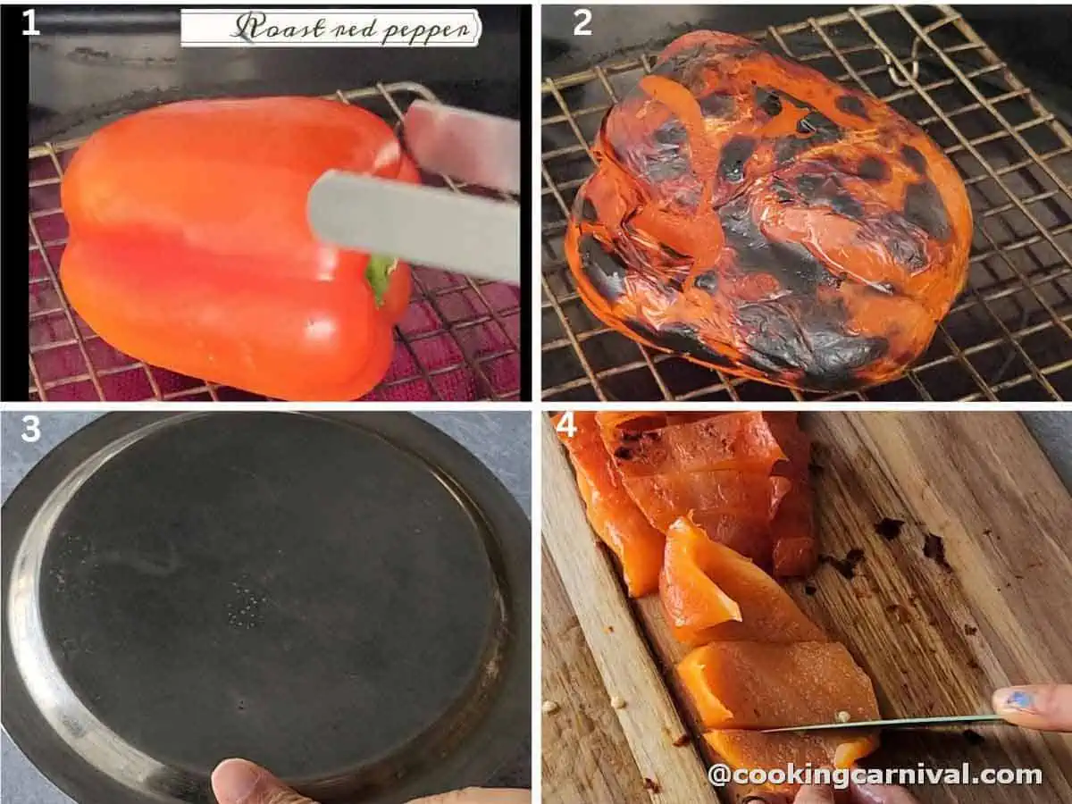 Roasting the red pepper on stove top.