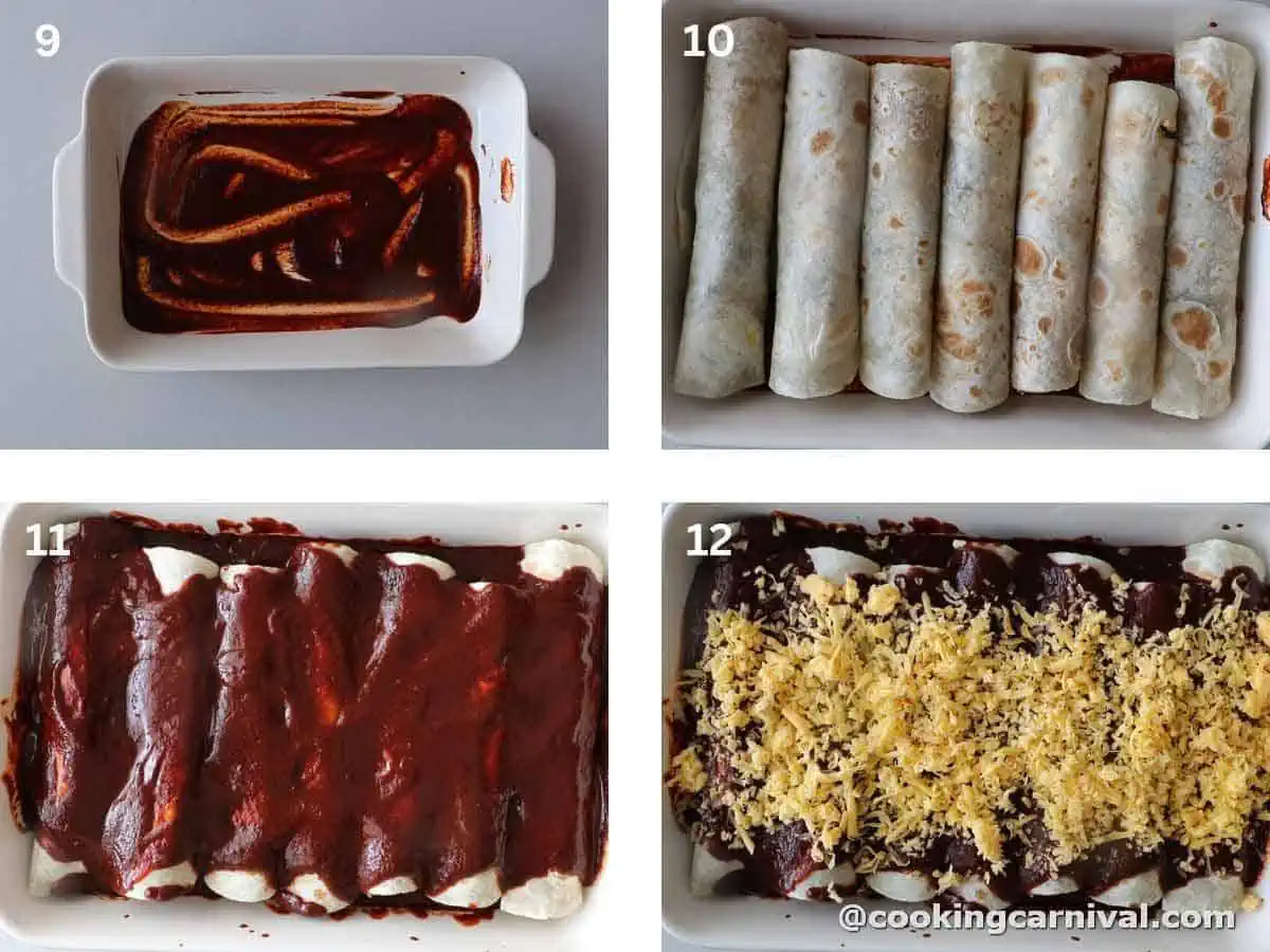 arranging rolled vegetable enchilada in a baking tray, poring sauce and sprinkling cheese. 