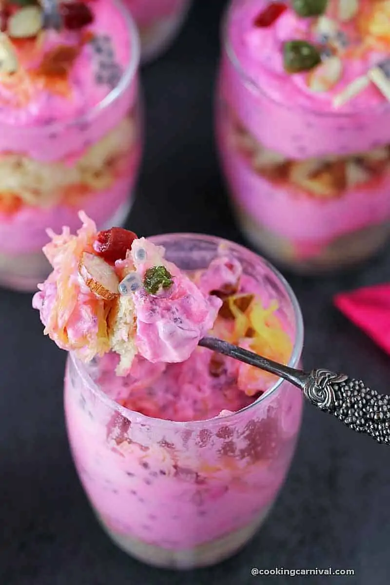 taking a bite from Rose Falooda cake