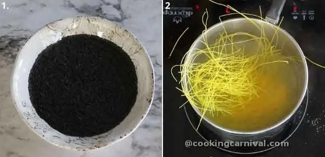 Collage of soaking basil seeds and cooking falooda sev