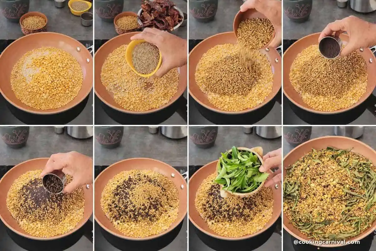 Step by step process of roasting lentils and whole spices to make sambar podi