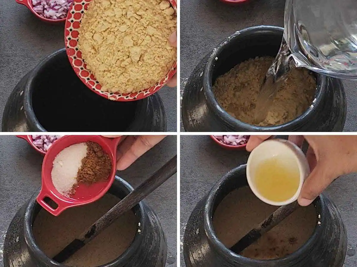 Making sattu drink in an earthen pot.