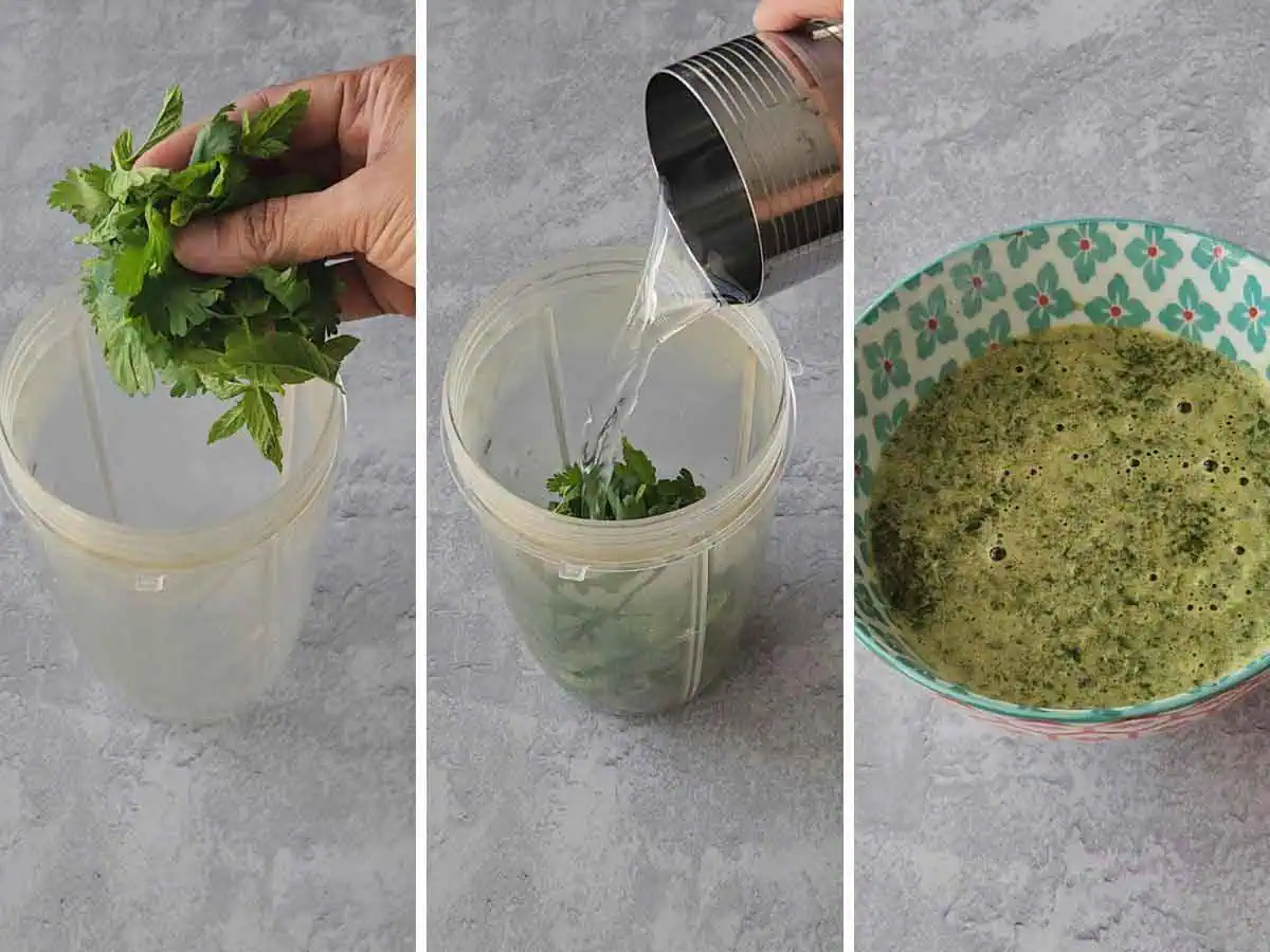 Making cilantro, mint and green chili puree in blender.