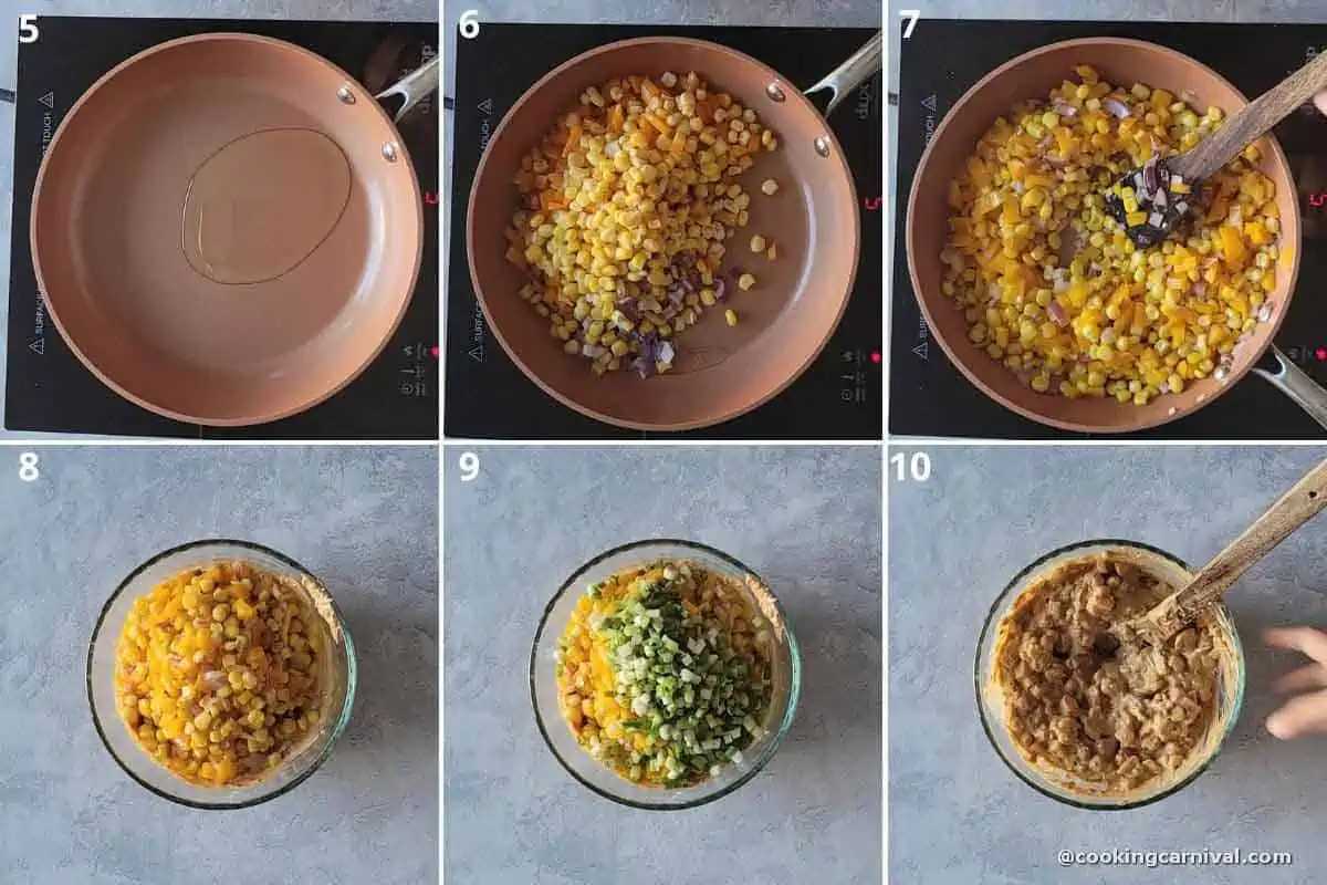 sauteing corn, bell pepper, onion in a pan. Adding sauteed mixture in cheese mixture with green onions.