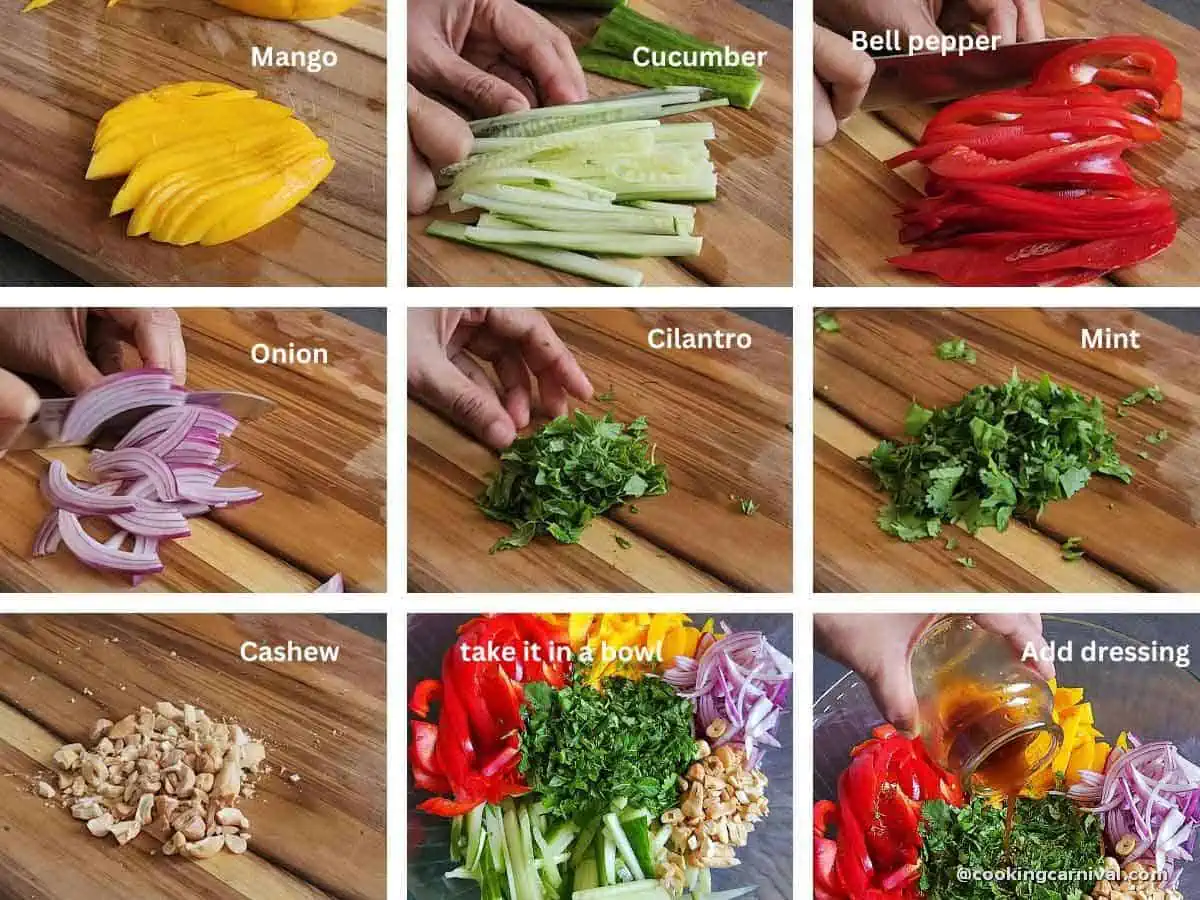 step by step process of making spicy thai mango salad.