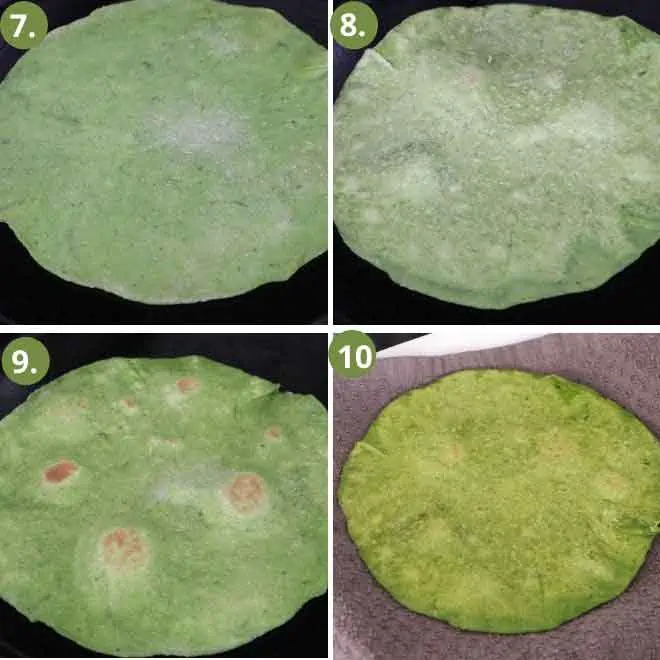 process of cooking spinach tortilla in cast iron pan