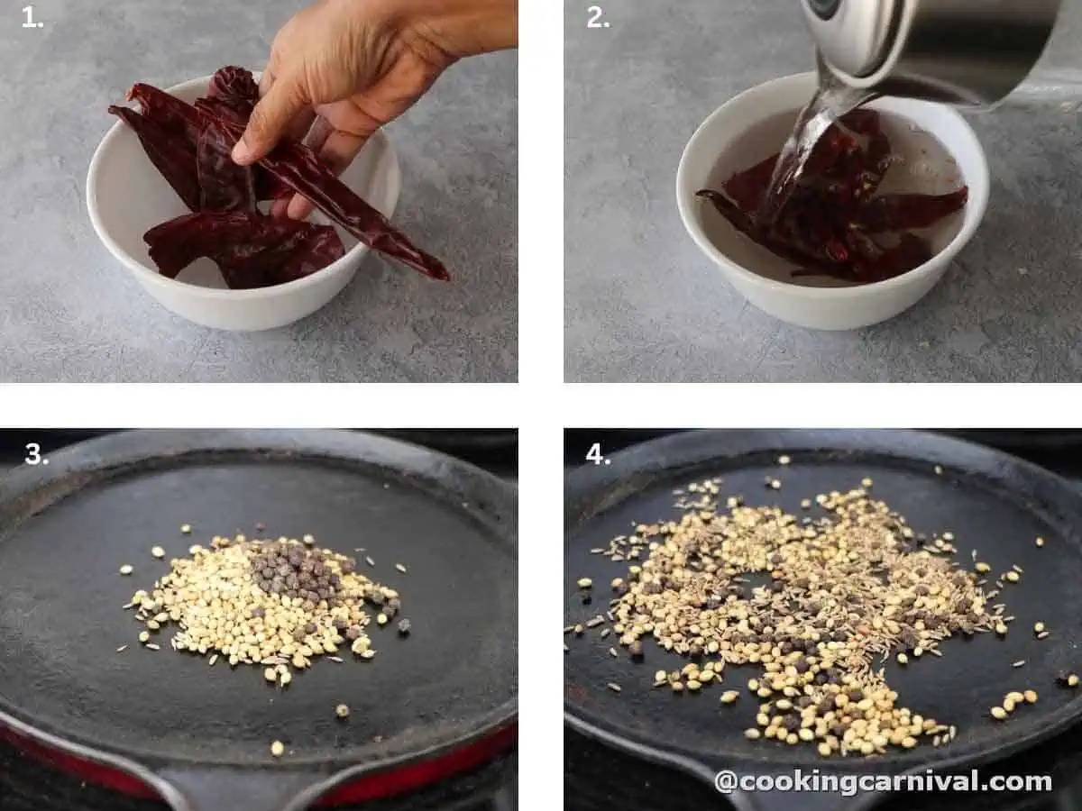 soaking red chilies in hot water and toasting cumin seeds, coriander seeds, and black pepper in a pan.