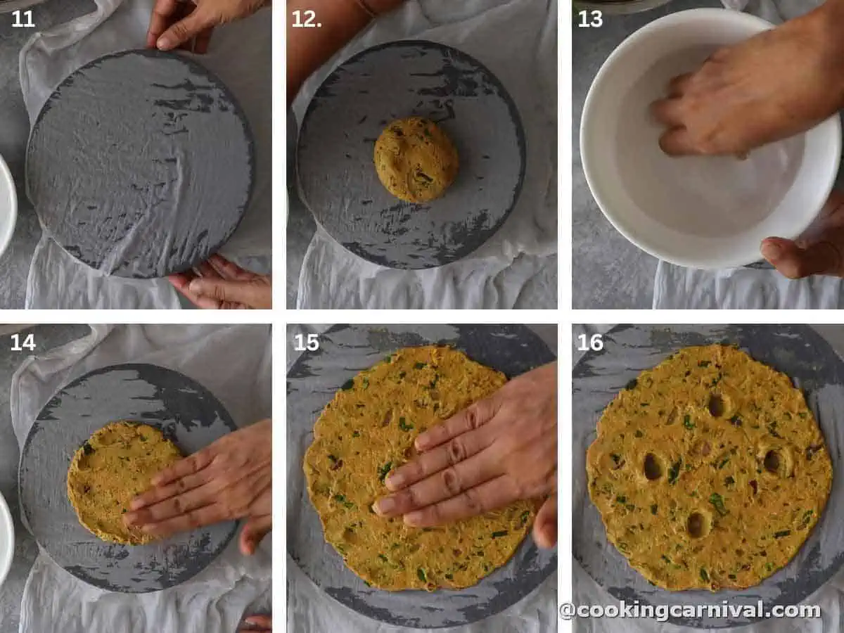 pressing dough of thalipeeth with wet fingers.