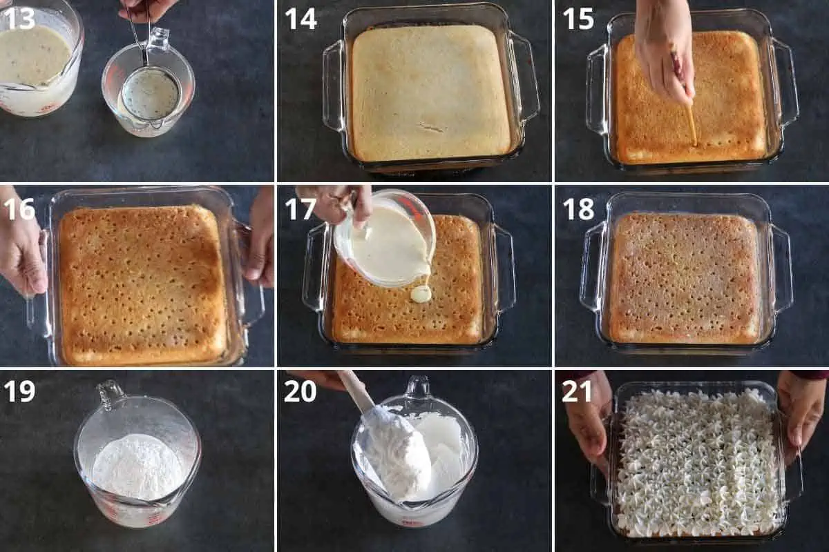 collage of pouring milk in cake