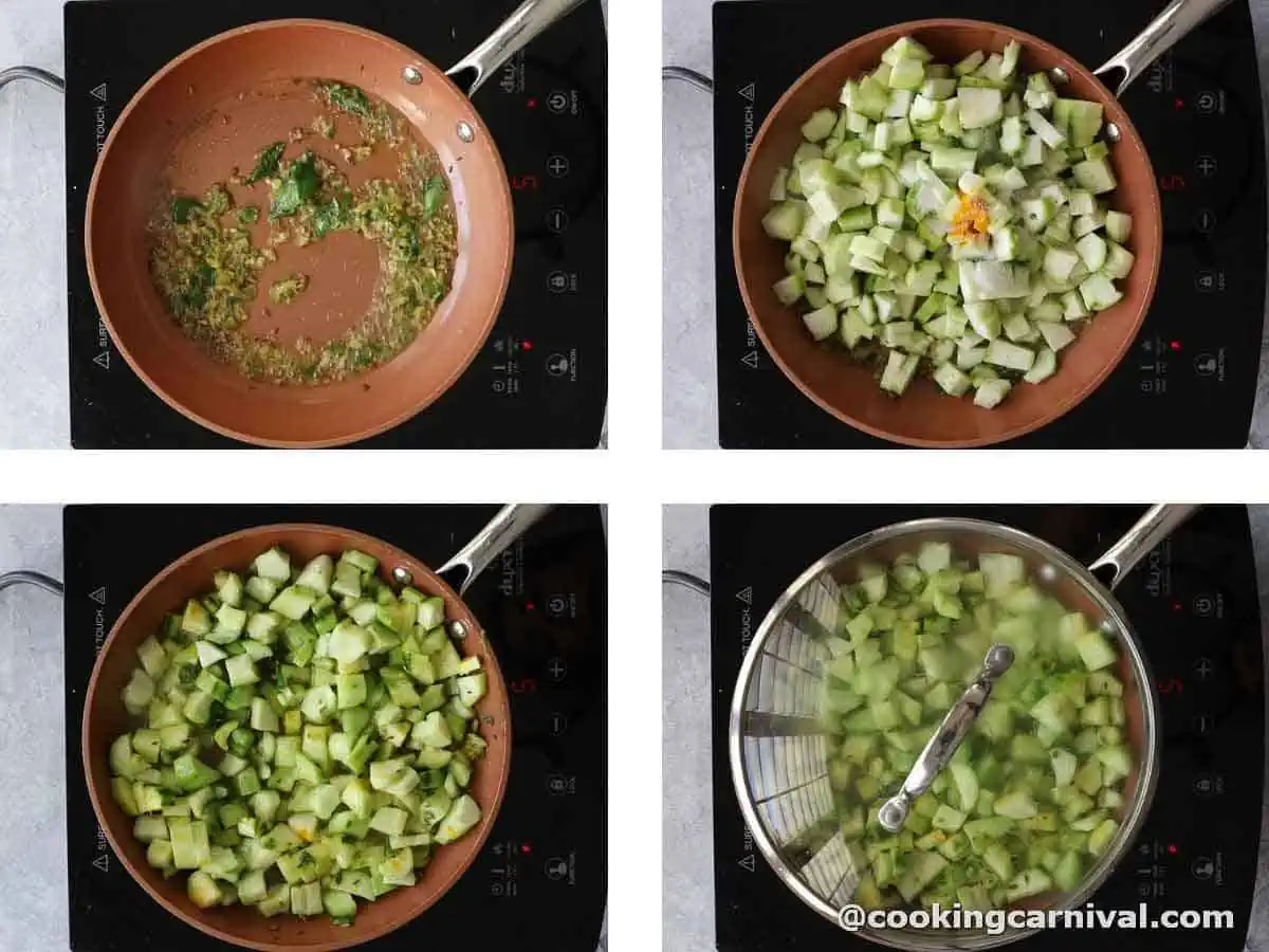 sauteing ridge gourd in oil with green chili and ginger