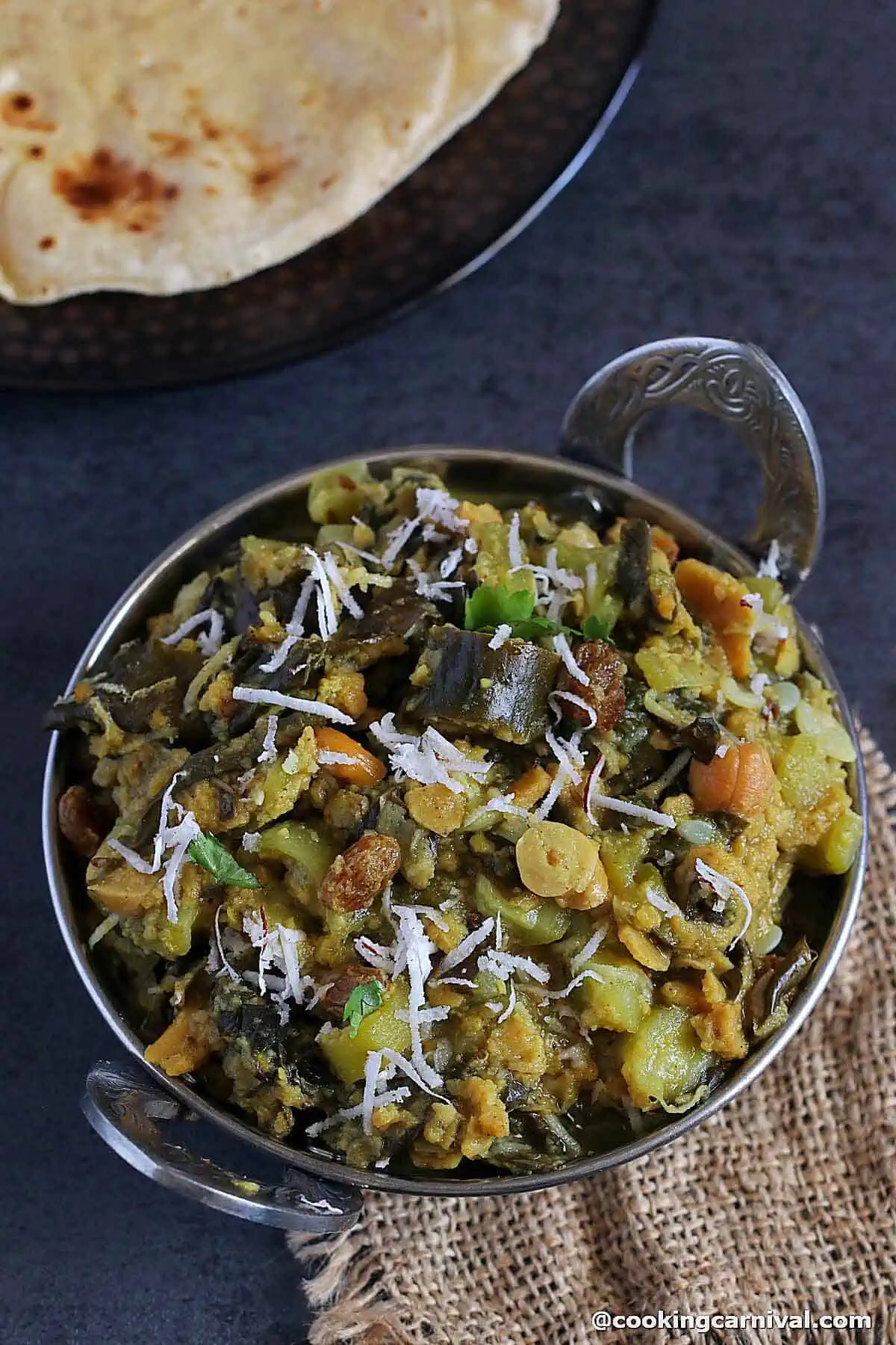 Turiya patra nu shaak in a steel bowl. 