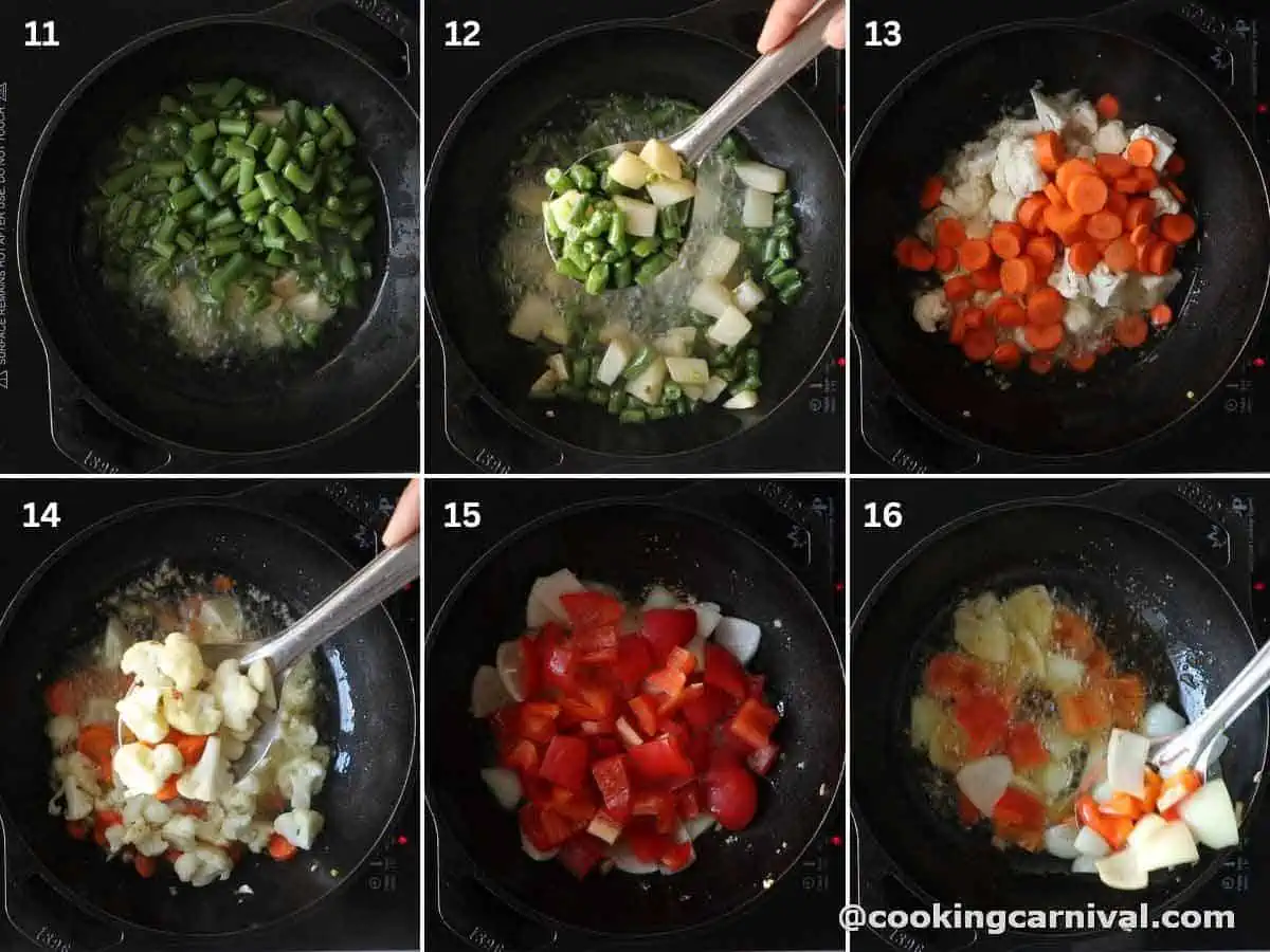 collage of frying vegetables like green beans, cauliflower, carrots, potato, bell pepper and onion.