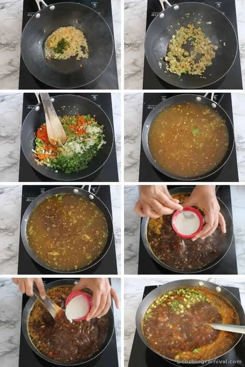 collage of making manchow soup in wok