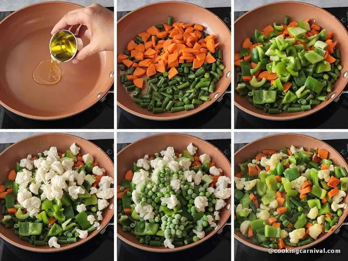 sauteing vegetables in a pan.