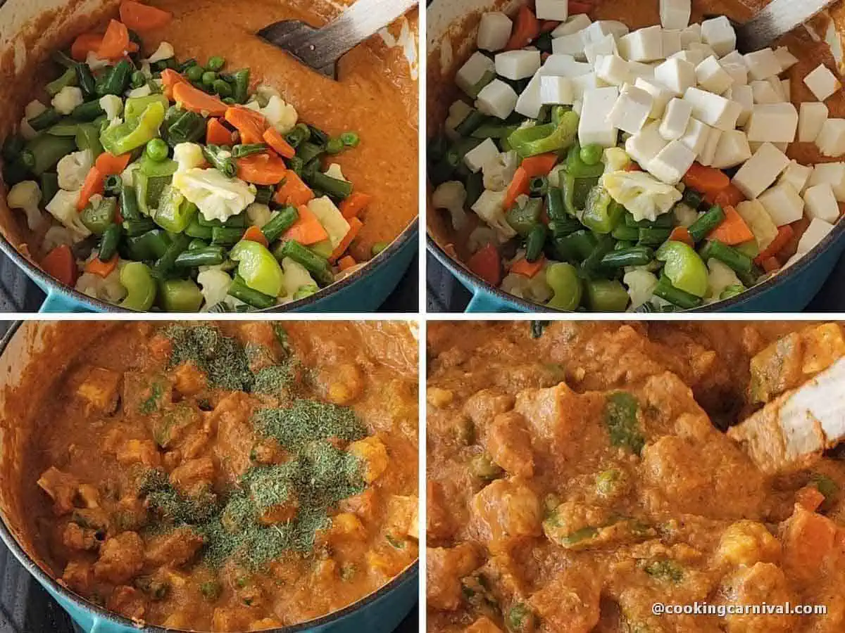 adding sauteed vegetables and paneer in a gravy.