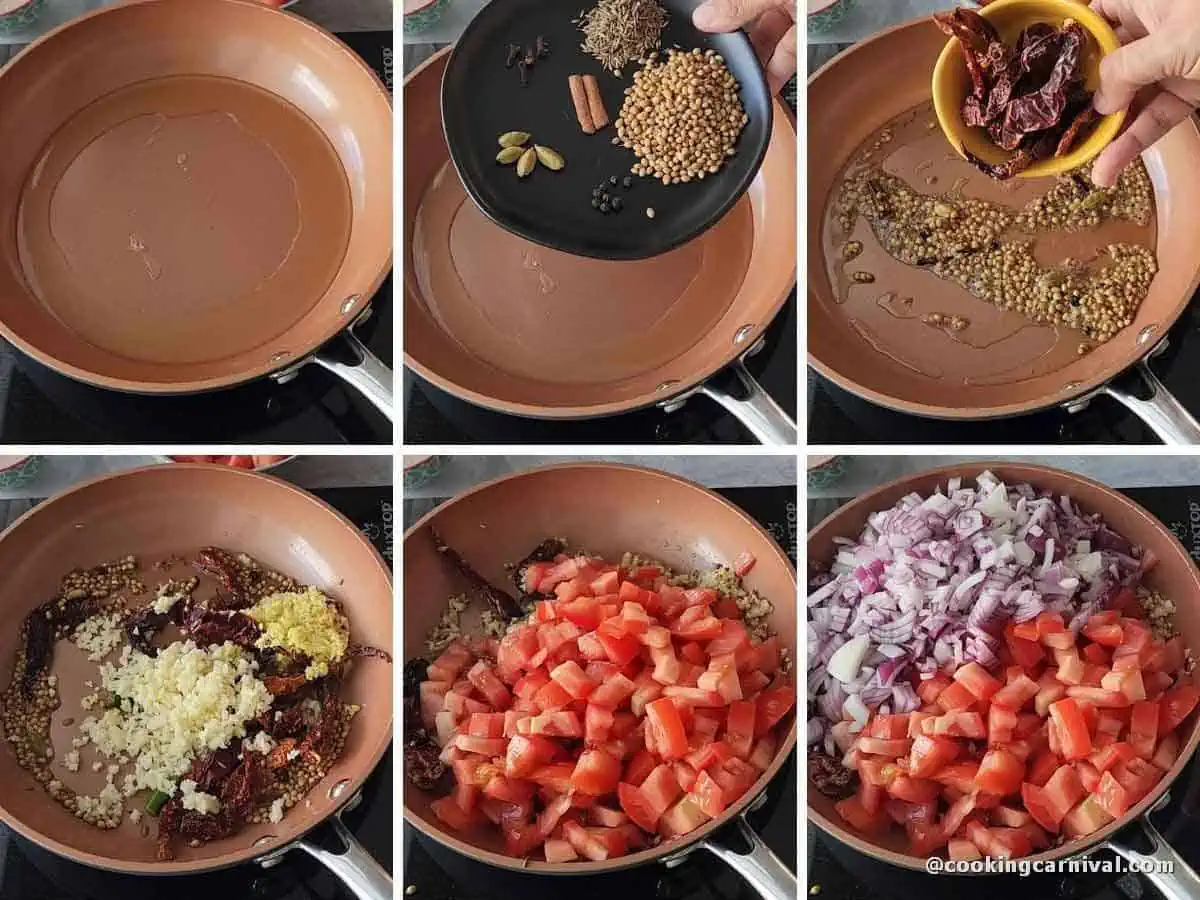 adding whole spices, ginger, garlic, green chili, tomato, onion in oil