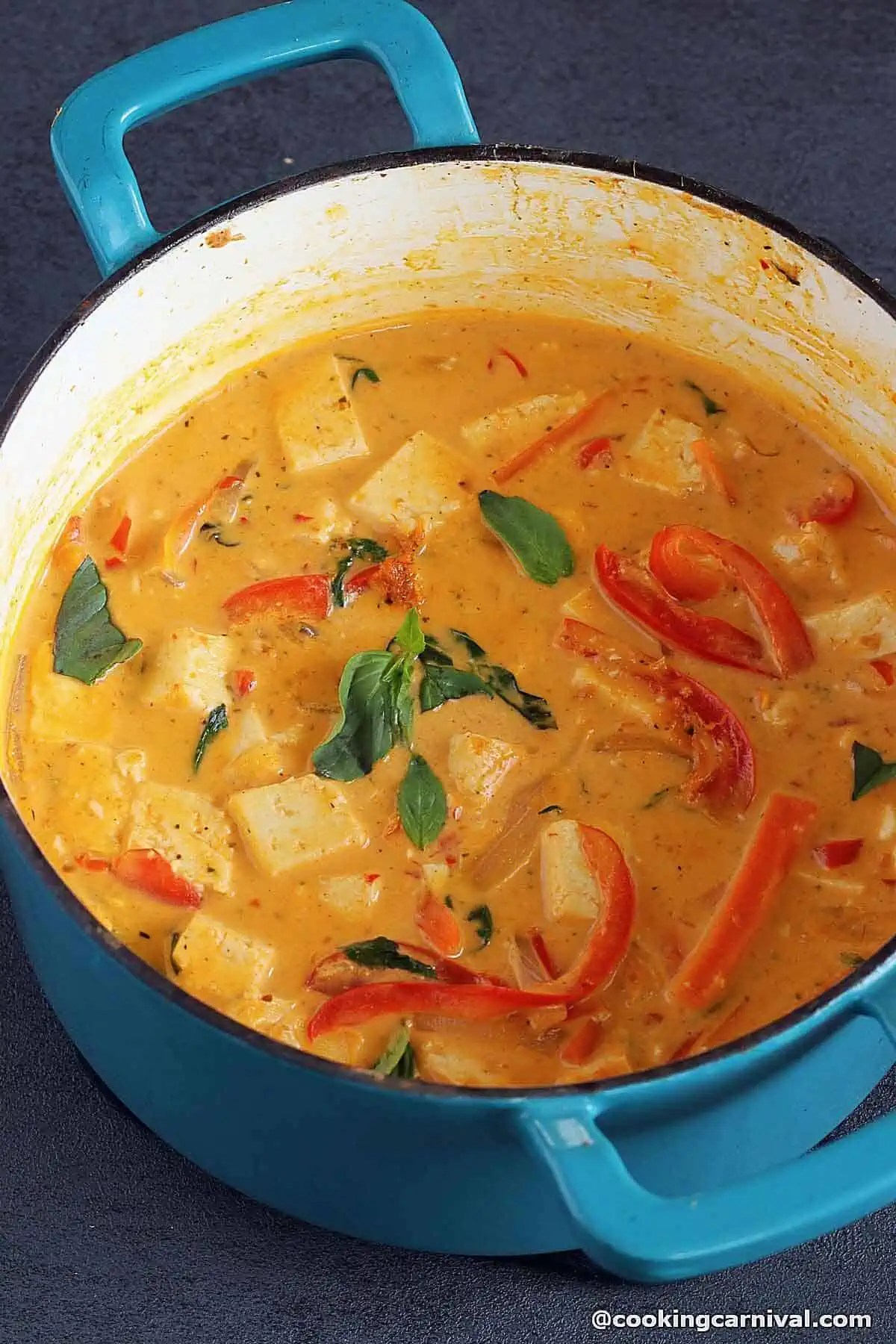 vegetarian panang curry in a dutch oven.